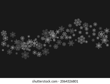 Silver snowflakes frame on black background. Horizontal shiny Christmas and New Year frame for gift certificate, ads, banners, flyers. Falling snow with glitter silver snowflakes for party invite