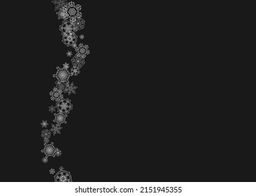 Silver snowflakes frame on black background. Horizontal shiny Christmas and New Year frame for gift certificate, ads, banners, flyers. Falling snow with glitter silver snowflakes for party invite