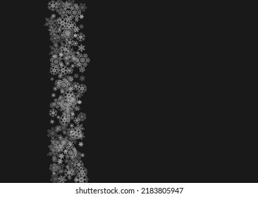 Silver snowflakes frame on black background. Horizontal shiny Christmas and New Year frame for gift certificate, ads, banners, flyers. Falling snow with glitter silver snowflakes for party invite