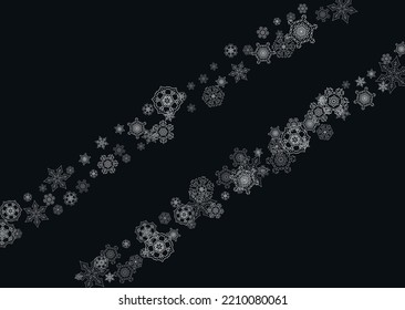 Silver snowflakes frame on black background. Horizontal shiny Christmas and New Year frame for gift certificate, ads, banners, flyers. Falling snow with glitter silver snowflakes for party invite