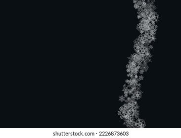 Silver snowflakes frame on black background. Horizontal shiny Christmas and New Year frame for gift certificate, ads, banners, flyers. Falling snow with glitter silver snowflakes for party invite