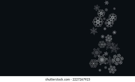 Silver snowflakes frame on black background. Horizontal shiny Christmas and New Year frame for gift certificate, ads, banners, flyers. Falling snow with glitter silver snowflakes for party invite