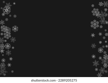 Silver snowflakes frame on black background. Horizontal shiny Christmas and New Year frame for gift certificate, ads, banners, flyers. Falling snow with glitter silver snowflakes for party invite