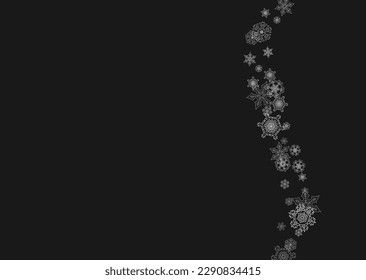 Silver snowflakes frame on black background. Horizontal shiny Christmas and New Year frame for gift certificate, ads, banners, flyers. Falling snow with glitter silver snowflakes for party invite