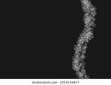 Silver snowflakes frame on black background. Horizontal shiny Christmas and New Year frame for gift certificate, ads, banners, flyers. Falling snow with glitter silver snowflakes for party invite