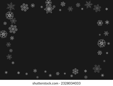 Silver snowflakes frame on black background. Horizontal shiny Christmas and New Year frame for gift certificate, ads, banners, flyers. Falling snow with glitter silver snowflakes for party invite