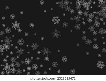 Silver snowflakes frame on black background. Horizontal shiny Christmas and New Year frame for gift certificate, ads, banners, flyers. Falling snow with glitter silver snowflakes for party invite