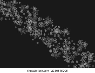 Silver snowflakes frame on black background. Horizontal shiny Christmas and New Year frame for gift certificate, ads, banners, flyers. Falling snow with glitter silver snowflakes for party invite