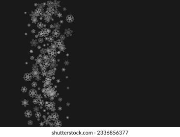 Silver snowflakes frame on black background. Horizontal shiny Christmas and New Year frame for gift certificate, ads, banners, flyers. Falling snow with glitter silver snowflakes for party invite