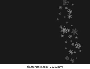 Silver snowflakes frame on black background. Horizontal shiny Christmas and New Year frame for gift certificate, ads, banners, flyers. Falling snow with glitter silver snowflakes for party invite