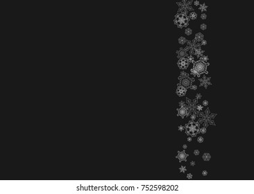 Silver snowflakes frame on black background. Horizontal shiny Christmas and New Year frame for gift certificate, ads, banners, flyers. Falling snow with glitter silver snowflakes for party invite