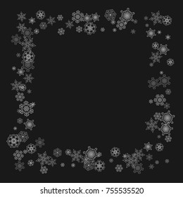Silver snowflakes frame on black background. Winter window. Shiny Christmas and New Year frame for gift certificate, ads, banners, flyers. Falling snow with glitter silver snowflakes for party invite