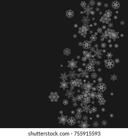 Silver snowflakes frame on black background. Winter window. Shiny Christmas and New Year frame for gift certificate, ads, banners, flyers. Falling snow with glitter silver snowflakes for party invite