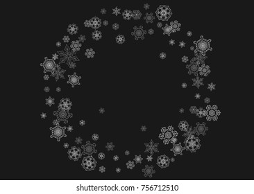 Silver snowflakes frame on black background. Horizontal shiny Christmas and New Year frame for gift certificate, ads, banners, flyers. Falling snow with glitter silver snowflakes for party invite