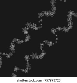 Silver snowflakes frame on black background. Winter window. Shiny Christmas and New Year frame for gift certificate, ads, banners, flyers. Falling snow with glitter silver snowflakes for party invite