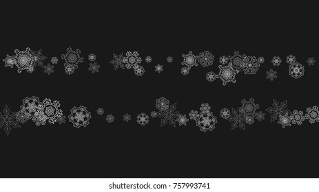 Silver snowflakes frame on black background. Horizontal shiny Christmas and New Year frame for gift certificate, ads, banners, flyers. Falling snow with glitter silver snowflakes for party invite