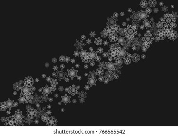 Silver snowflakes frame on black background. Horizontal shiny Christmas and New Year frame for gift certificate, ads, banners, flyers. Falling snow with glitter silver snowflakes for party invite