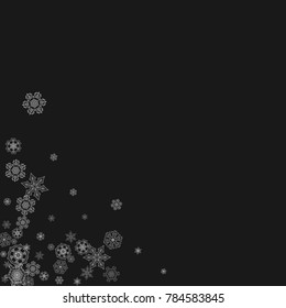 Silver snowflakes frame on black background. Winter window. Shiny Christmas and New Year frame for gift certificate, ads, banners, flyers. Falling snow with glitter silver snowflakes for party invite