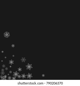 Silver snowflakes frame on black background. Winter window. Shiny Christmas and New Year frame for gift certificate, ads, banners, flyers. Falling snow with glitter silver snowflakes for party invite