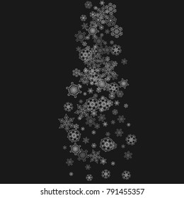 Silver snowflakes frame on black background. Winter window. Shiny Christmas and New Year frame for gift certificate, ads, banners, flyers. Falling snow with glitter silver snowflakes for party invite