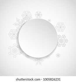 Silver snowflakes frame on white paper background. Christmas and New Year frame for gift certificate, ads, banners, flyers. Falling snow with glitter silver snowflakes for party invite