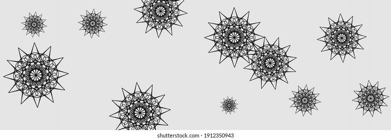 Silver Snowflakes Horizontal Grey Wallpaper. Stars Santa Holiday Winter Snow Ornament. Grey Black Christmas New Year Night Sky Wallpaper. Chaotic Ornamental Print Dark Mandala Illustration.