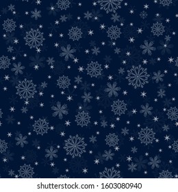 Silver Snowflakes seamless pattern. Christmas dark blue background. New year them. Vector illustration