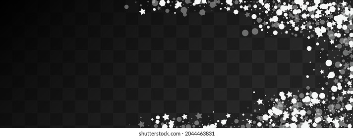 Silver Snowstorm Vector Panoramic Transparent Background. Grey Subtle Confetti Postcard. Falling Stars Design. Elegant Snowfall Pattern.