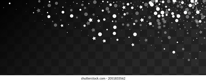 Silver Snowstorm Vector Panoramic Transparent Background. Grey Elegant Flake Illustration. Glitter Snowfall Design. Glow Stars Postcard.