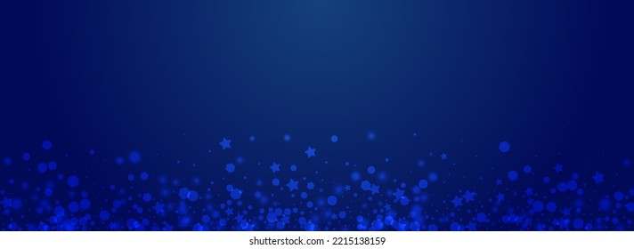 Silver Snowstorm Vector Pnoramic Blue Background. Shiny Magic Flake Pattern. Falling Snowfall Banner. Bokeh Stars Design.