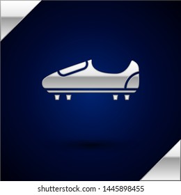 Silver Soccer or football shoes with spikes icon isolated on dark blue background. American football boot.  Vector Illustration