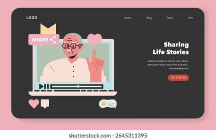 O conceito da Sociedade Prata. Idosos compartilham experiências on-line através de histórias em vídeo, incentivando a conexão digital, a comunicação e o envolvimento ativo de idosos na sociedade moderna. Vetor
