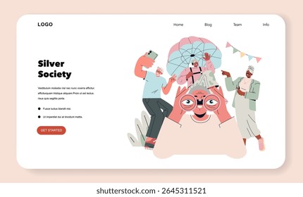 Silver Society concept. Elderly people enjoy active lifestyles and adventure, using technology, pursuing hobbies, traveling, and socializing together within a modern and inclusive community. Vector