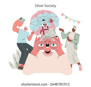 O conceito da Sociedade Prata. Os idosos desfrutam de diversos hobbies, tecnologia, aventura ao ar livre e comunidade. Pessoas maduras ativas se envolvem com viagens, conexão social e exploração. Ilustração vetorial