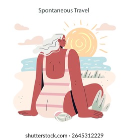Silver Society concept. Senior woman enjoys spontaneous travel and relaxation by the sea under sunny skies. Beach setting captures freedom and leisure for active mature lifestyles. Vector illustration