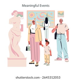 Silver Society concept. Seniors and families experience cultural enrichment at an art museum, exploring creativity, connecting across generations and enjoying meaningful moments together. Vector
