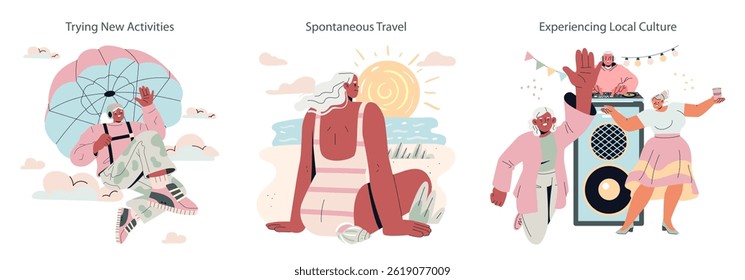 Silver Society set. Active older adults embrace new experiences like adventure sports, spontaneous travel, and local cultural events, reflecting dynamic lifestyles and social engagement. Vector