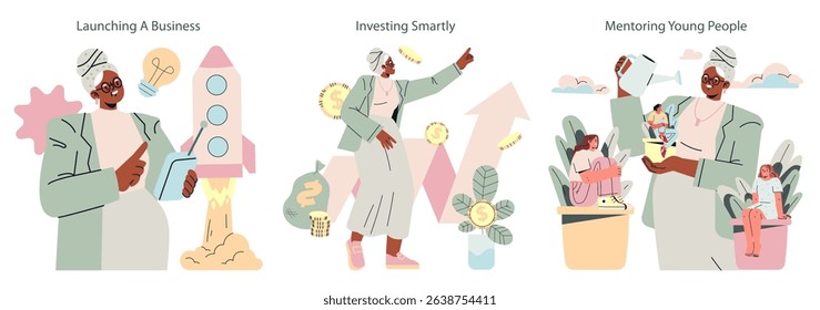 Silver Society set. Active seniors contribute by launching businesses, investing smartly, mentoring young people and encouraging personal growth in community life. Vector illustration.