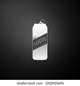 Silver Soda can icon isolated on black background. Long shadow style. Vector.