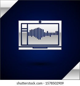 Silver Sound or audio recorder or editor software on laptop icon isolated on dark blue background.  Vector Illustration