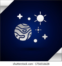 Silver Space and planet icon isolated on dark blue background. Planets surface with craters, stars and comets.  Vector Illustration