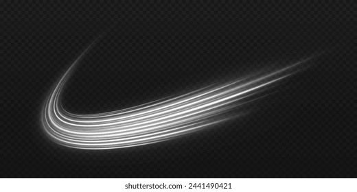 Silver space trail with light effect. Magic wavy comet on transparent background. Sparkling cosmic lines effect.