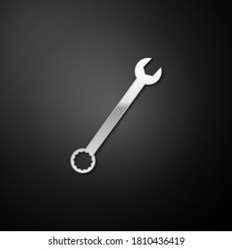 Silver Spanner icon isolated on black background. Long shadow style. Vector.