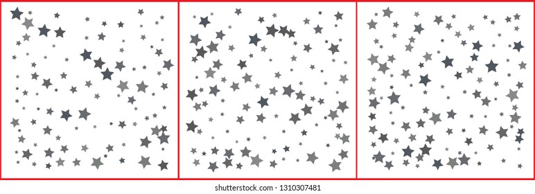 Silver sparkle star confetti on white background. Silver glitter falling stars. Vector templates set for New year, Christmas, birthday, party, wedding, card, invitation, flyer, voucher, web, header. 