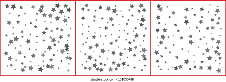 Silver sparkle star confetti on white background. Silver glitter falling stars. Vector templates set for New year, Christmas, birthday, party, wedding, card, invitation, flyer, voucher, web, header. 