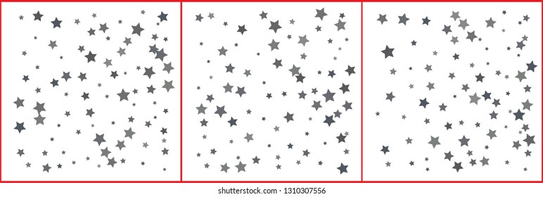 Silver sparkle star confetti on white background. Silver glitter falling stars. Vector templates set for New year, Christmas, birthday, party, wedding, card, invitation, flyer, voucher, web, header. 