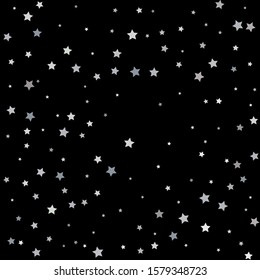 Silver sparkle star on black background. Starry confetti