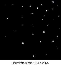 Silver sparkle star on black background. Starry confetti