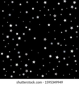 Silver sparkle star on black background. Starry confetti