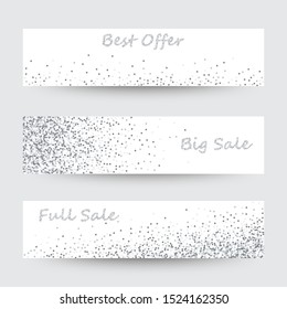 Silver sparkles on white background, banners. Shine light glitter banner with text. Texture logo, web, card, vip, certificate, gift, luxury, privilege, voucher, store, present, shopping, sale, header.